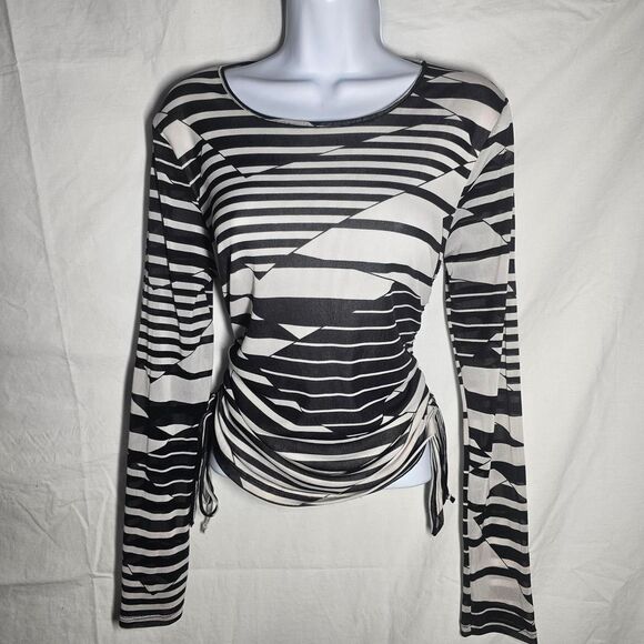 Vintage y2k black white striped patterned mesh side tie top - Picture 1 of 4